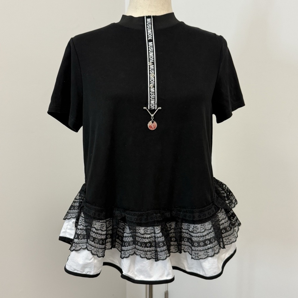 Y2K Black Lace Hem Peplum Tunic Top Womens XL Harajuku Coquette Goth Fairycore